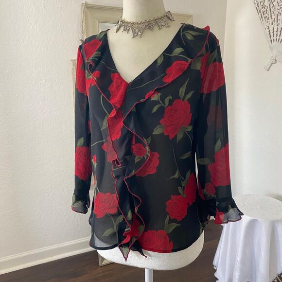 Whimsygoth Black Red Flower Frilly Ruffle Rose Mesh Button Up Vintage Blouse M - Picture 2 of 7